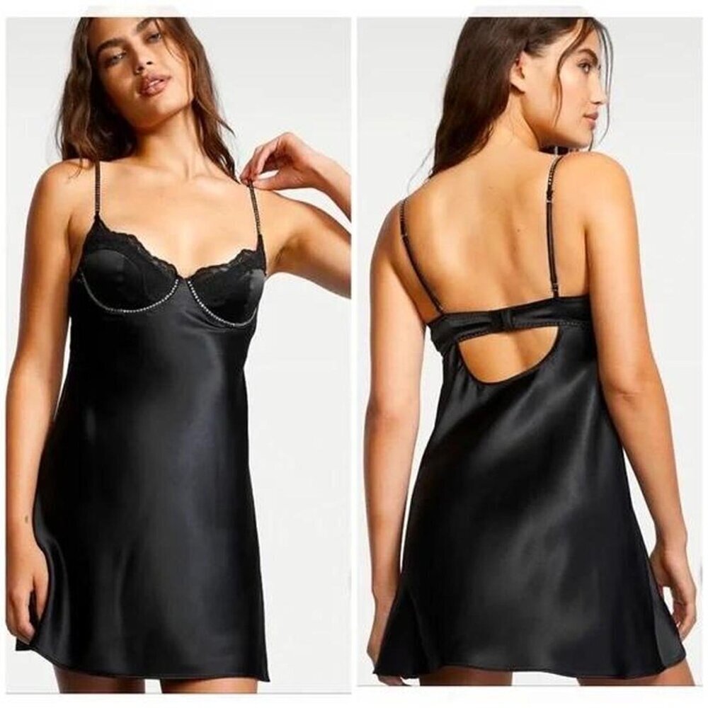 Victoria’s Secret Satin & Lace Embellished Cupped Mini Slip Dress Black Small